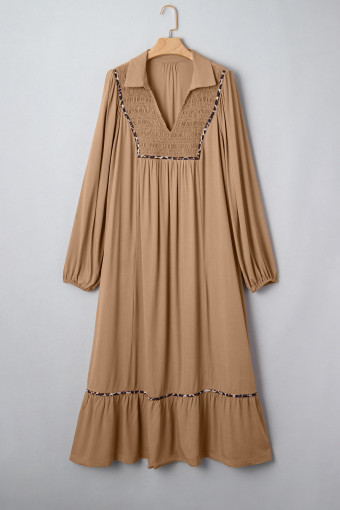 Plus Size Chestnut Smocked V Neckline Leopard Piping Accent Bracelet  Long Dress