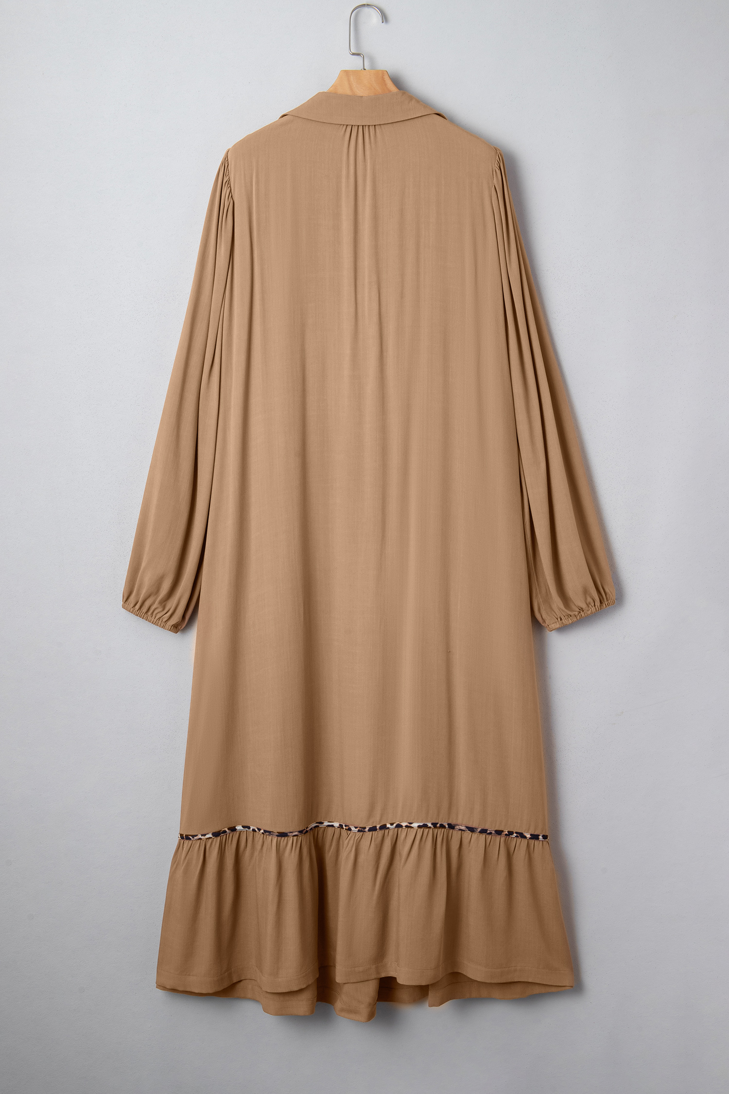 Plus Size Chestnut Smocked V Neckline Leopard Piping Accent Bracelet  Long Dress