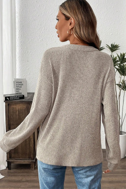 Plus Size Simply Taupe  Ribbed Knit Kangaroo Pocket Henley Long Sleeve Top