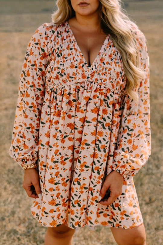 Plus Size Beige  Floral Print V Neck Long Sleeve Babydoll Short Dress