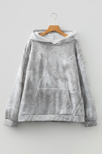 Plus Size Gray  Camouflage Woodland Print Oversized Sporty Hoodie