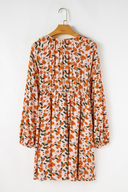 Plus Size Beige  Floral Print V Neck Long Sleeve Babydoll Short Dress