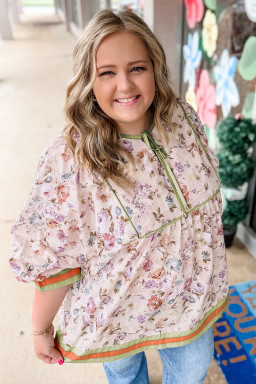 Plus Size Black  Floral Print Contrast Trim Striped Detail Babydoll Blouse