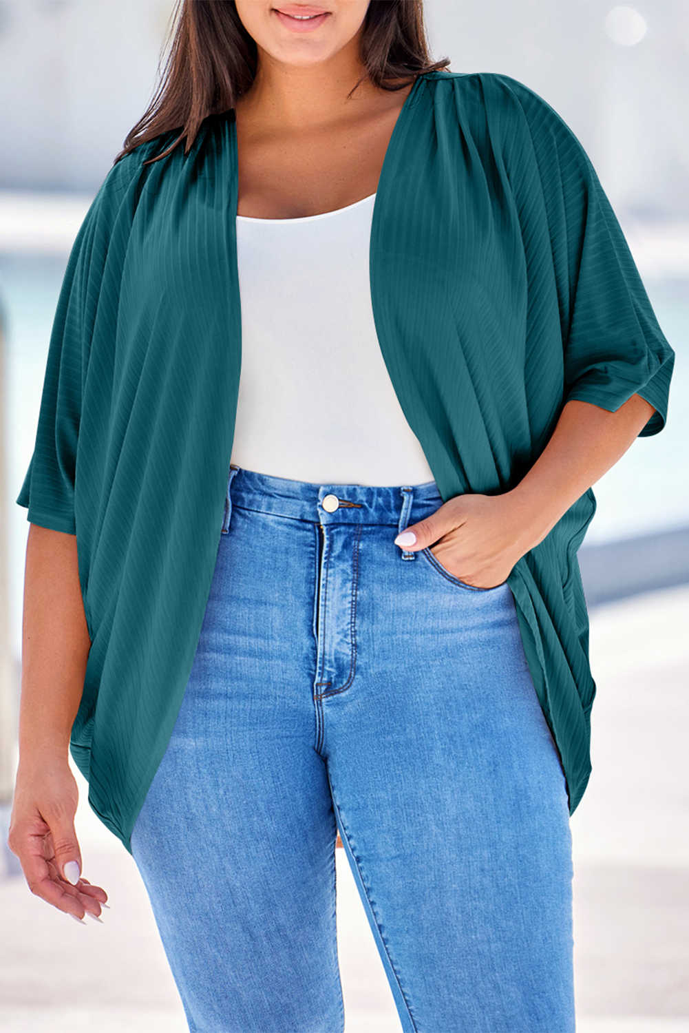 Plus Size Green-2 Shimmer Ribbed Texture  Cardigan
