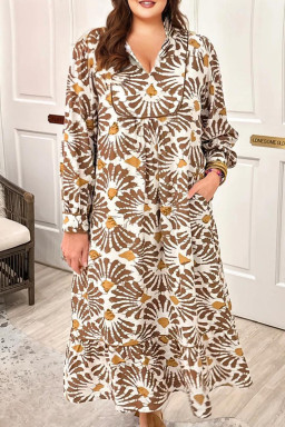 Plus Size Khaki Abstract Plant Print Loose  Long Dress
