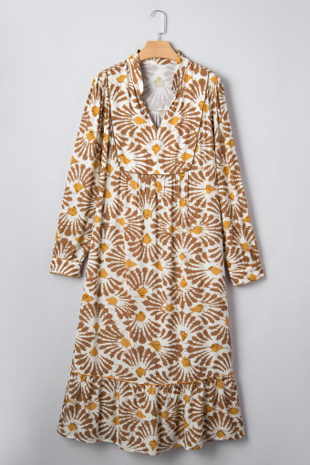 Plus Size Khaki Abstract Plant Print Loose  Long Dress