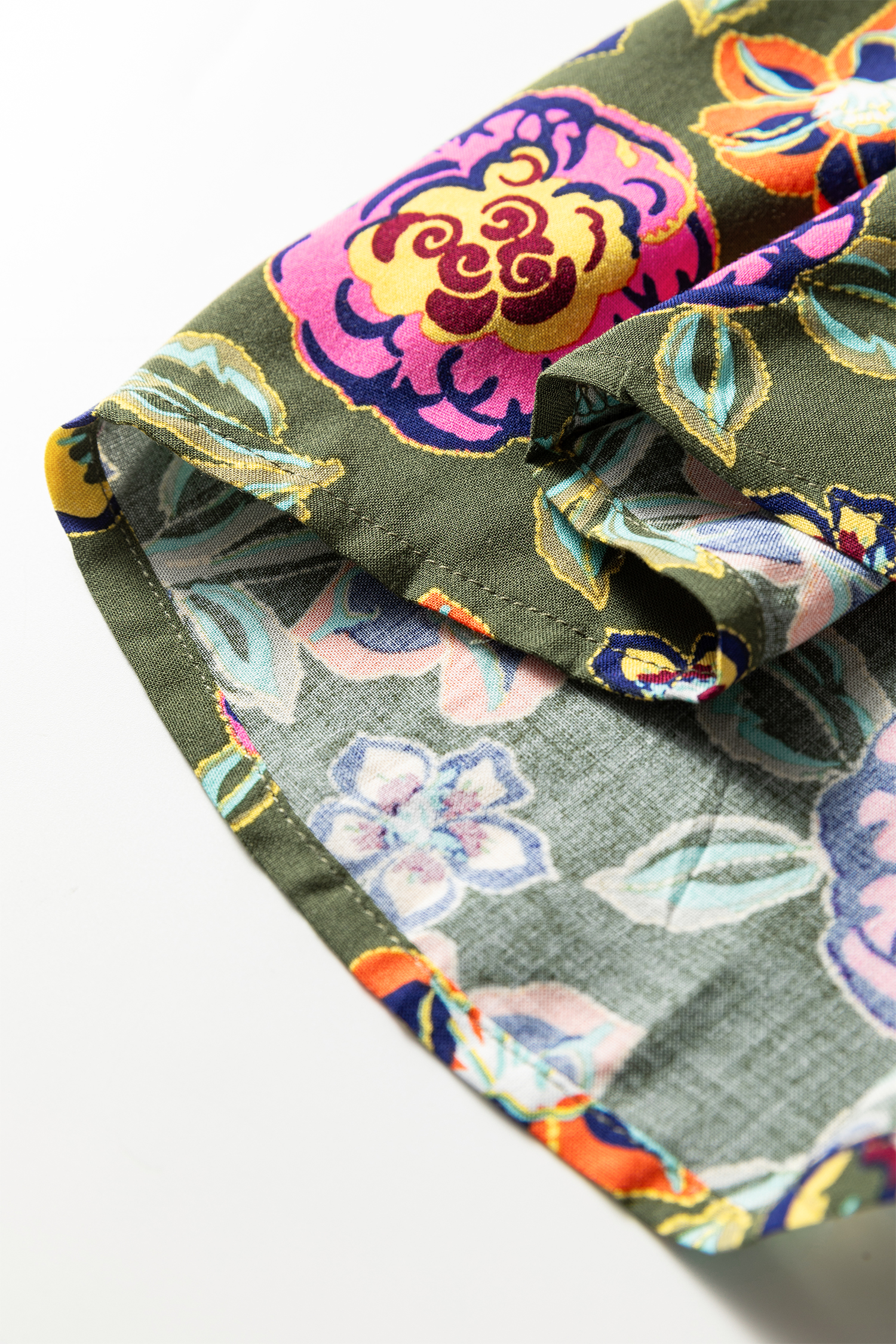 Plus Size Green  Floral Print Collared V Neck Loose Mini Dress