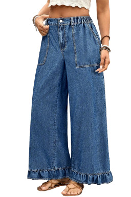Plus Size Sail Blue  Elastic Waist Ruffled Wide Leg Denim Pants