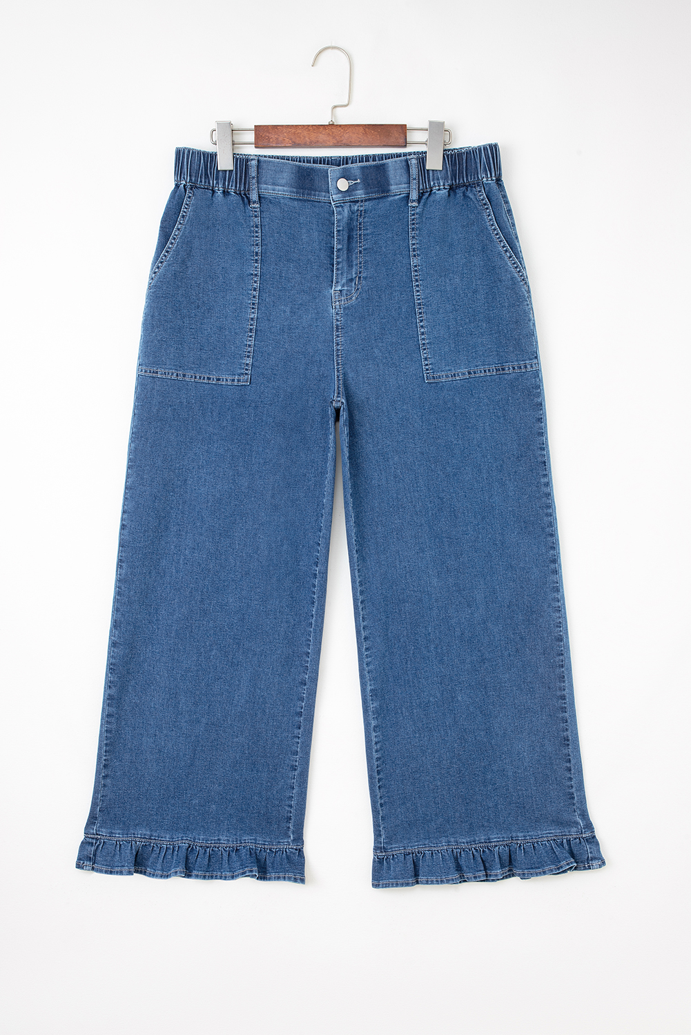Plus Size Sail Blue  Elastic Waist Ruffled Wide Leg Denim Pants