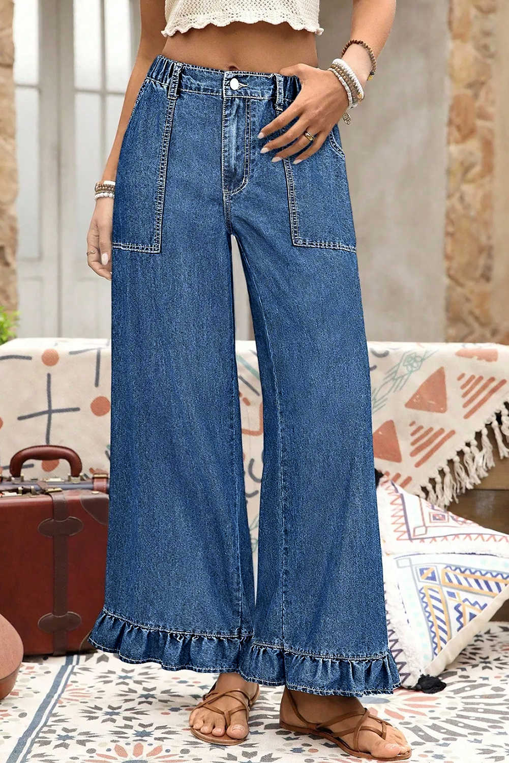 Plus Size Sail Blue  Elastic Waist Ruffled Wide Leg Denim Pants