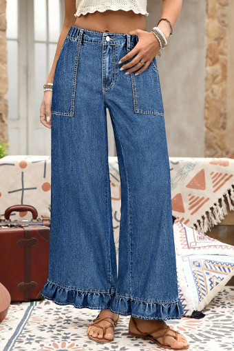 Plus Size Sail Blue  Elastic Waist Ruffled Wide Leg Denim Pants