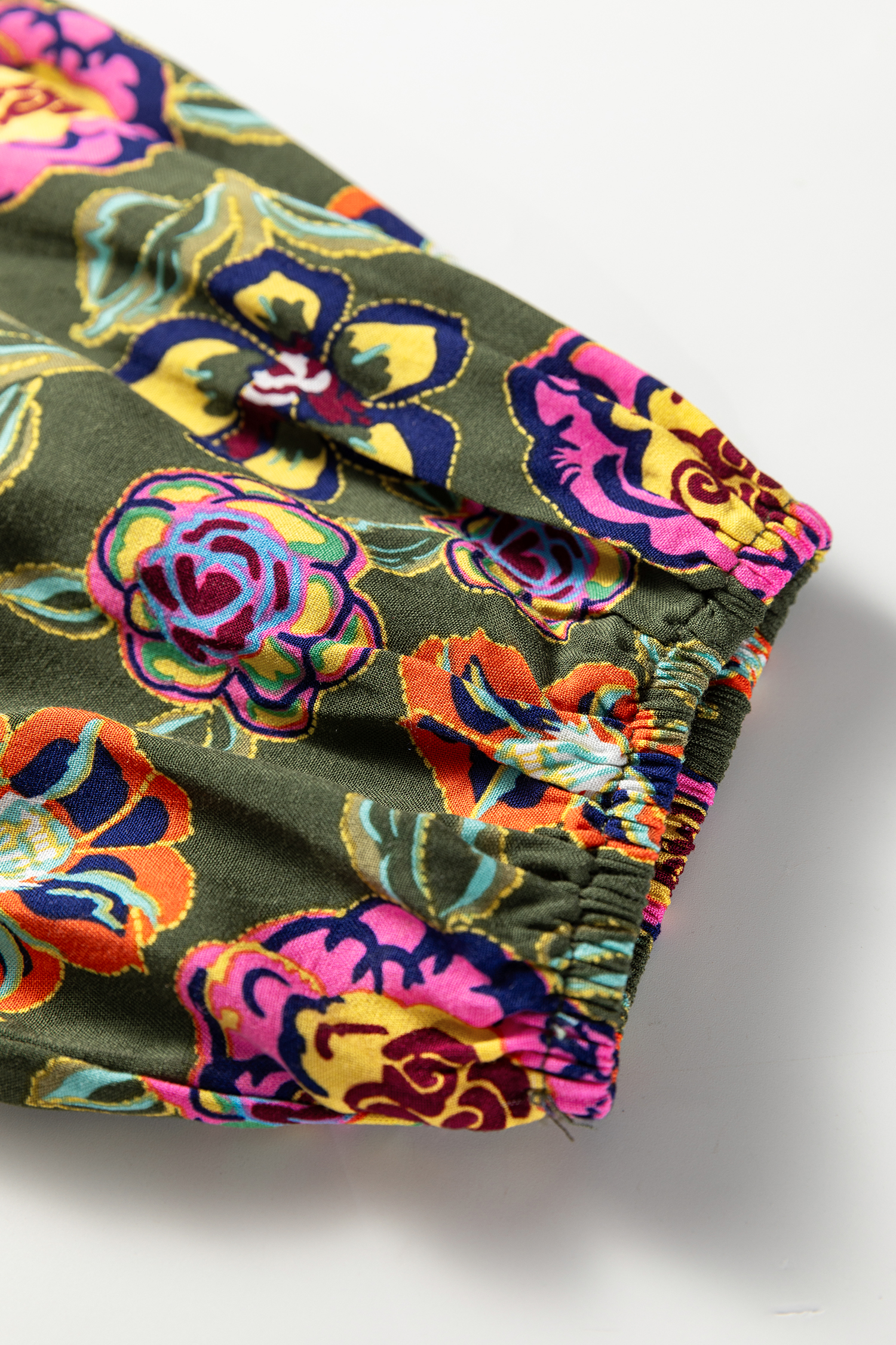 Plus Size Green  Floral Print Collared V Neck Loose Mini Dress