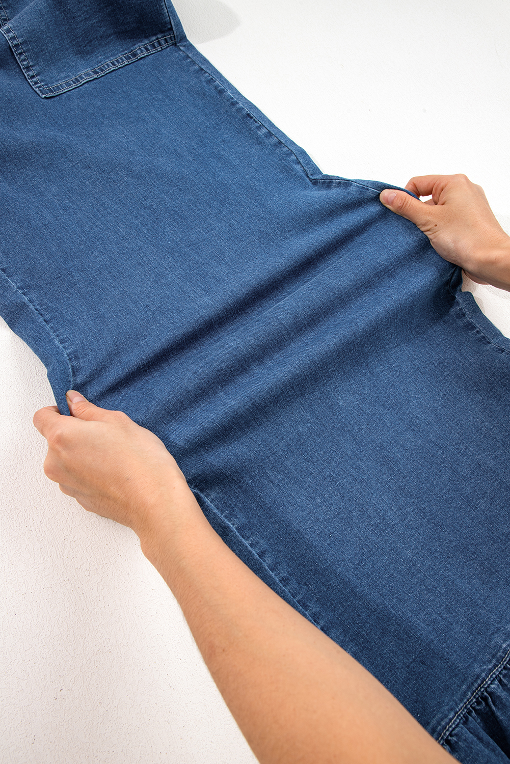 Plus Size Sail Blue  Elastic Waist Ruffled Wide Leg Denim Pants