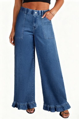 Plus Size Sail Blue  Elastic Waist Ruffled Wide Leg Denim Pants