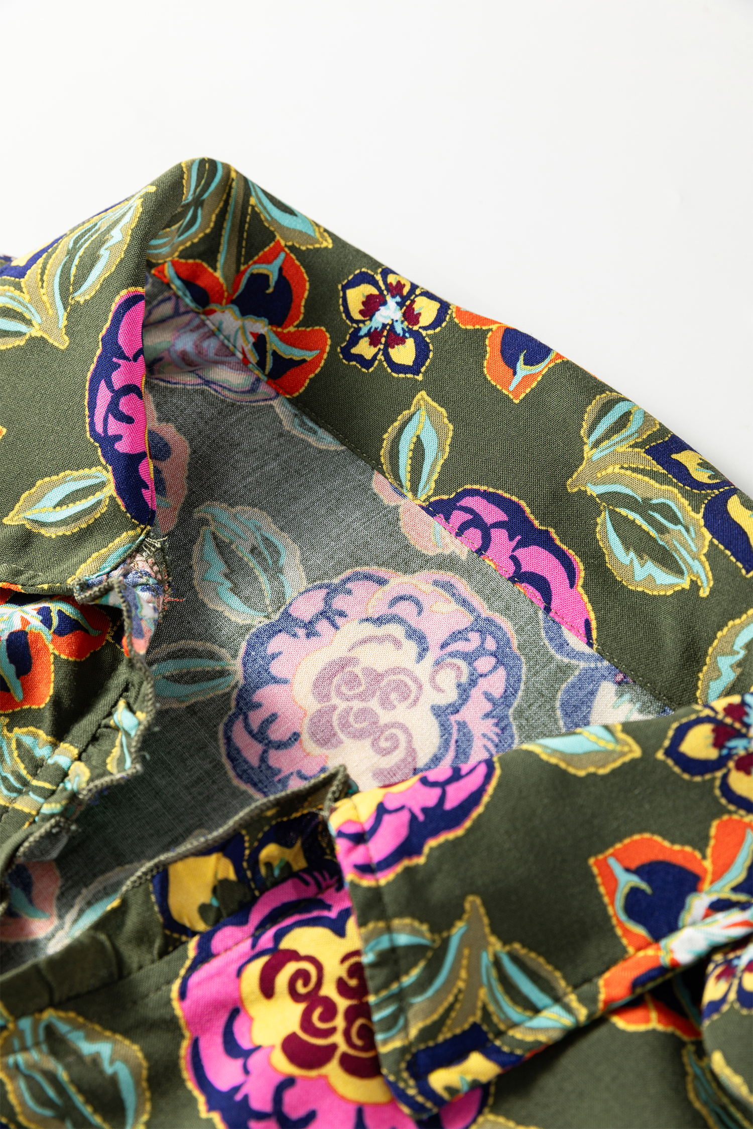 Plus Size Green  Floral Print Collared V Neck Loose Mini Dress