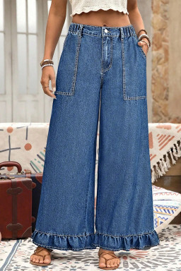 Plus Size Sail Blue  Elastic Waist Ruffled Wide Leg Denim Pants
