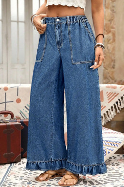Plus Size Sail Blue  Elastic Waist Ruffled Wide Leg Denim Pants