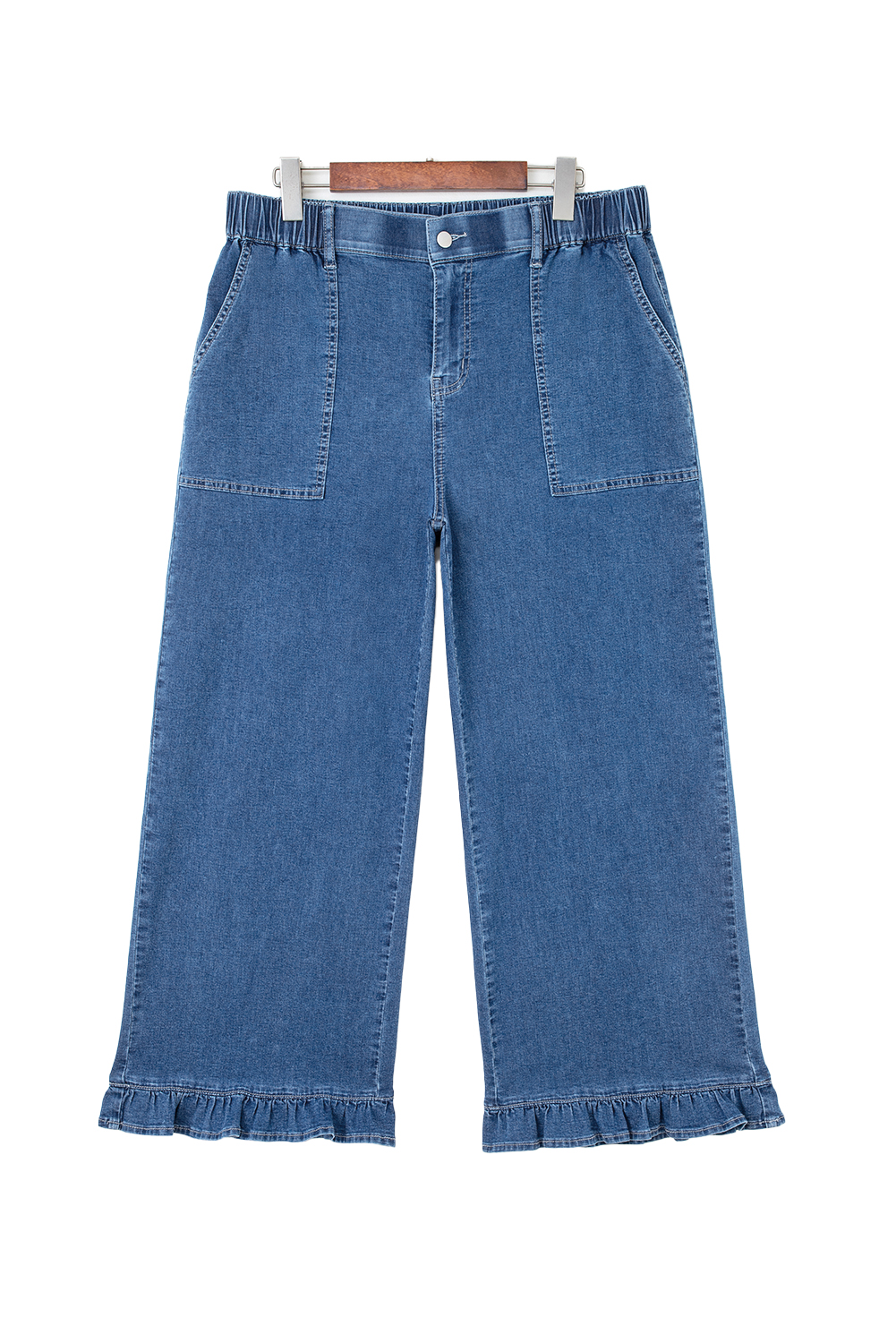 Plus Size Sail Blue  Elastic Waist Ruffled Wide Leg Denim Pants