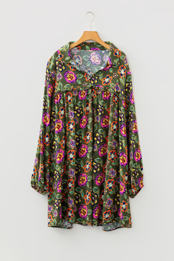 Plus Size Green  Floral Print Collared V Neck Loose Mini Dress