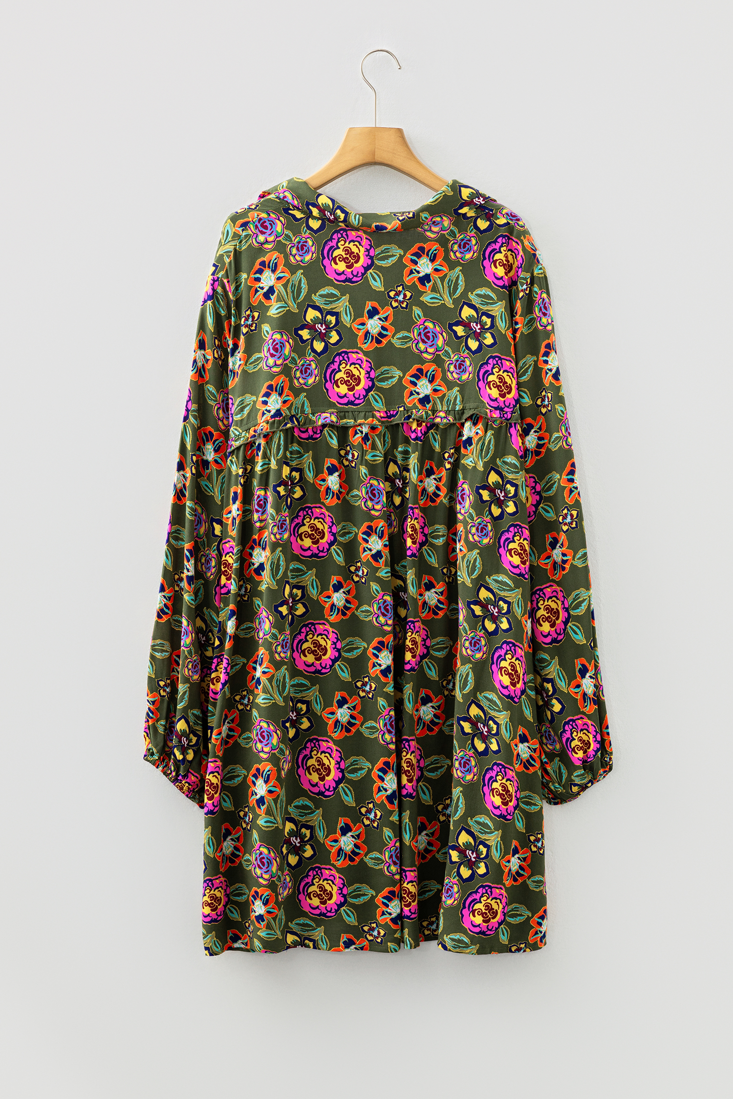 Plus Size Green  Floral Print Collared V Neck Loose Mini Dress