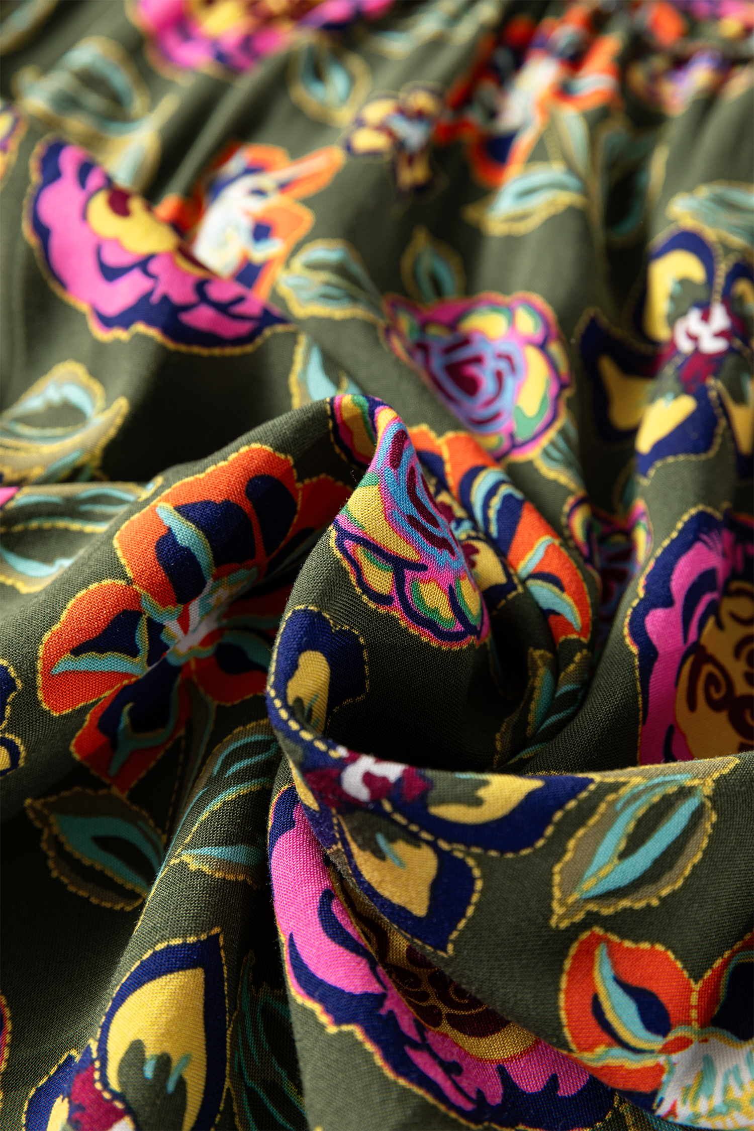 Plus Size Green  Floral Print Collared V Neck Loose Mini Dress