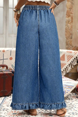 Plus Size Sail Blue  Elastic Waist Ruffled Wide Leg Denim Pants