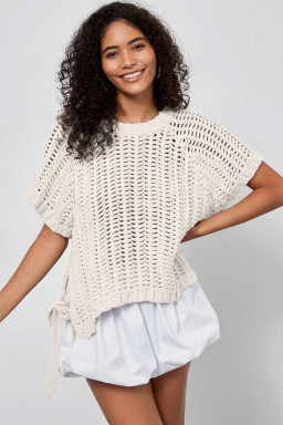 Plus Size White  Open Knit Bow Tie Short Sleeve Sweater