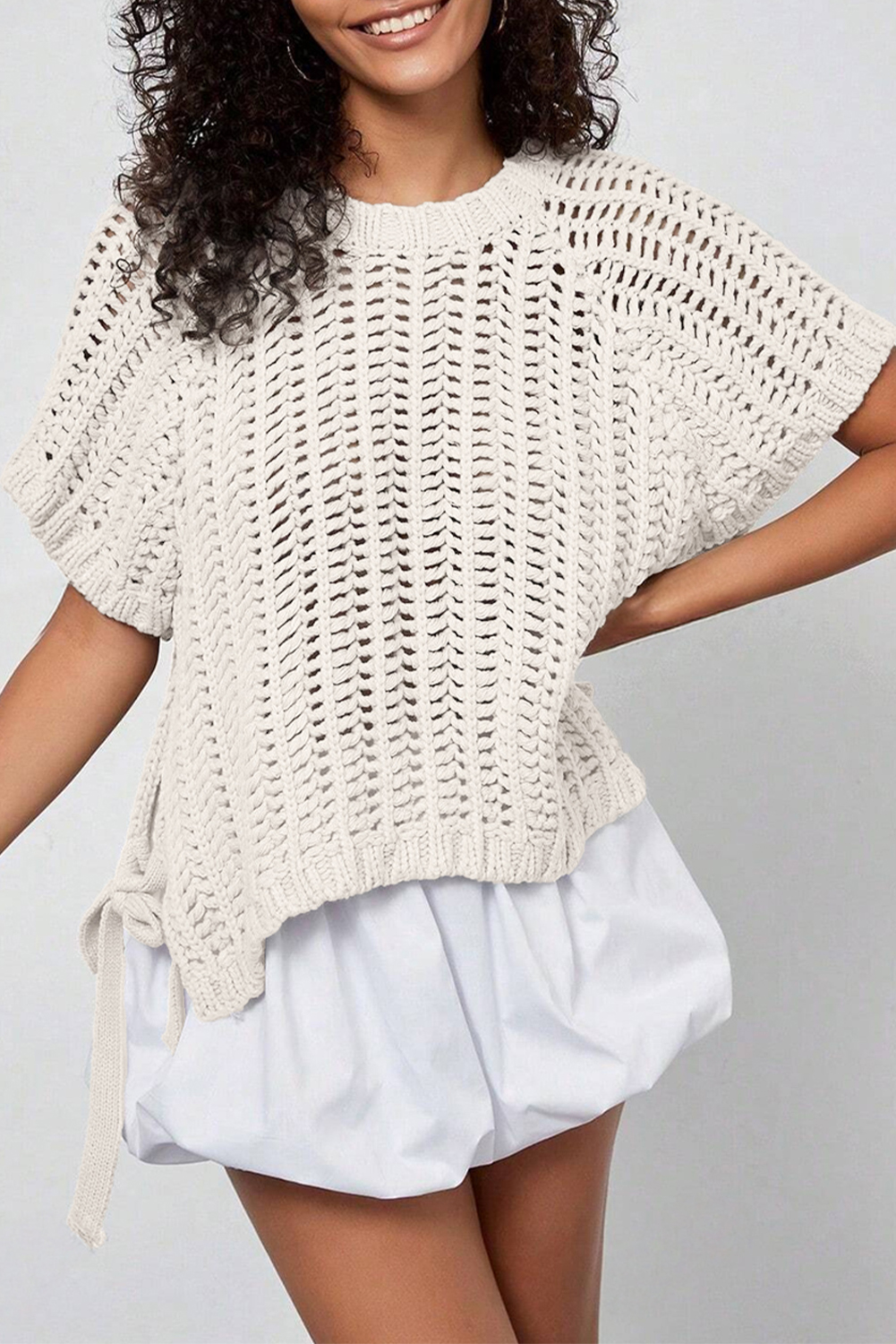 Plus Size White  Open Knit Bow Tie Short Sleeve Sweater