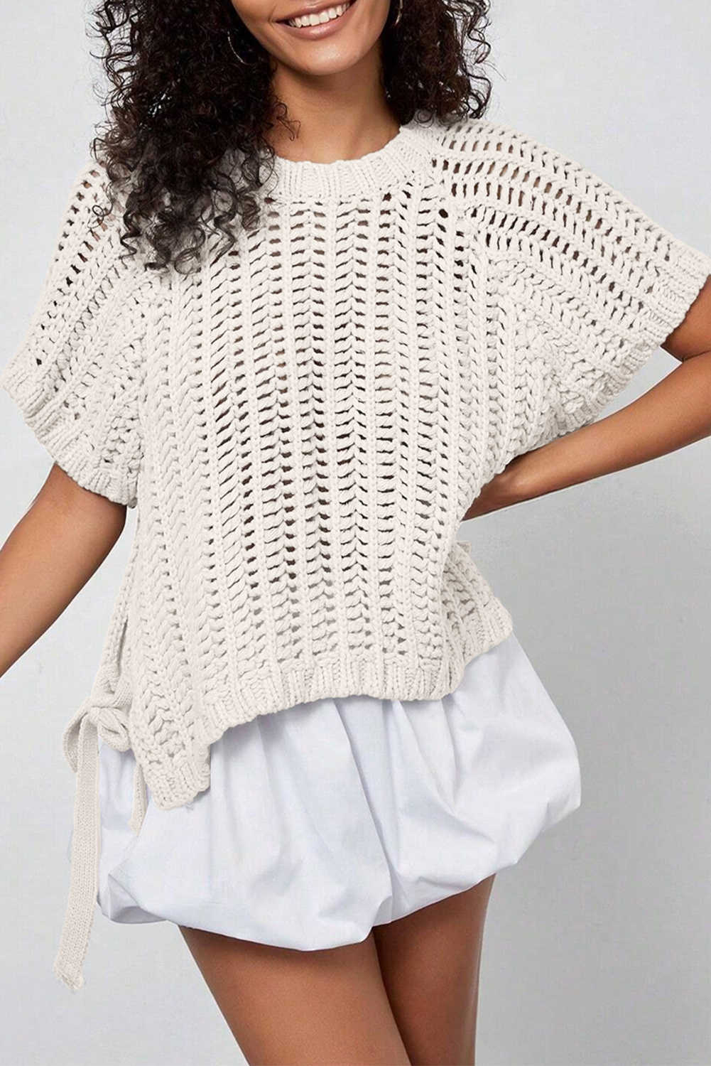 Plus Size White  Open Knit Bow Tie Short Sleeve Sweater