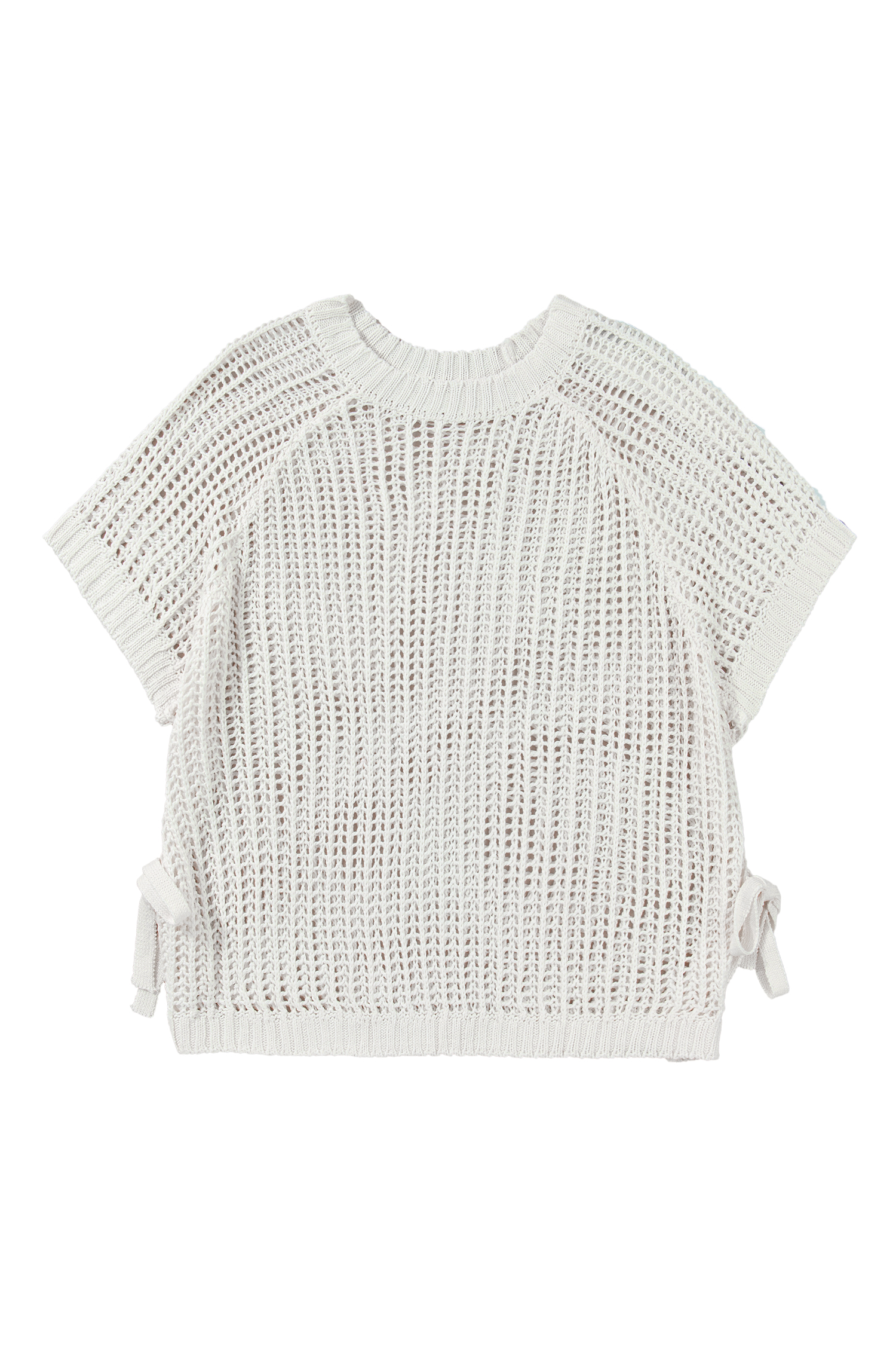 Plus Size White  Open Knit Bow Tie Short Sleeve Sweater