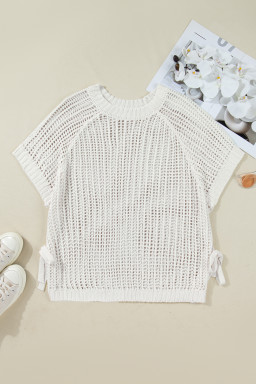 Plus Size White  Open Knit Bow Tie Short Sleeve Sweater