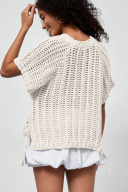 Plus Size White  Open Knit Bow Tie Short Sleeve Sweater
