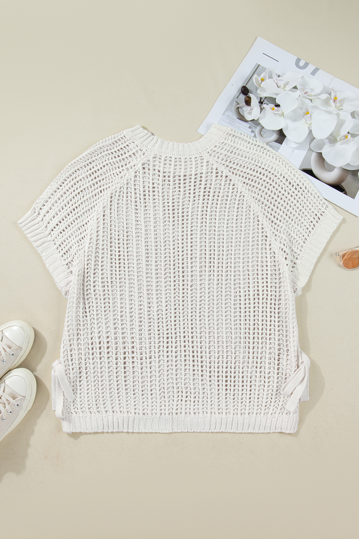 Plus Size White  Open Knit Bow Tie Short Sleeve Sweater