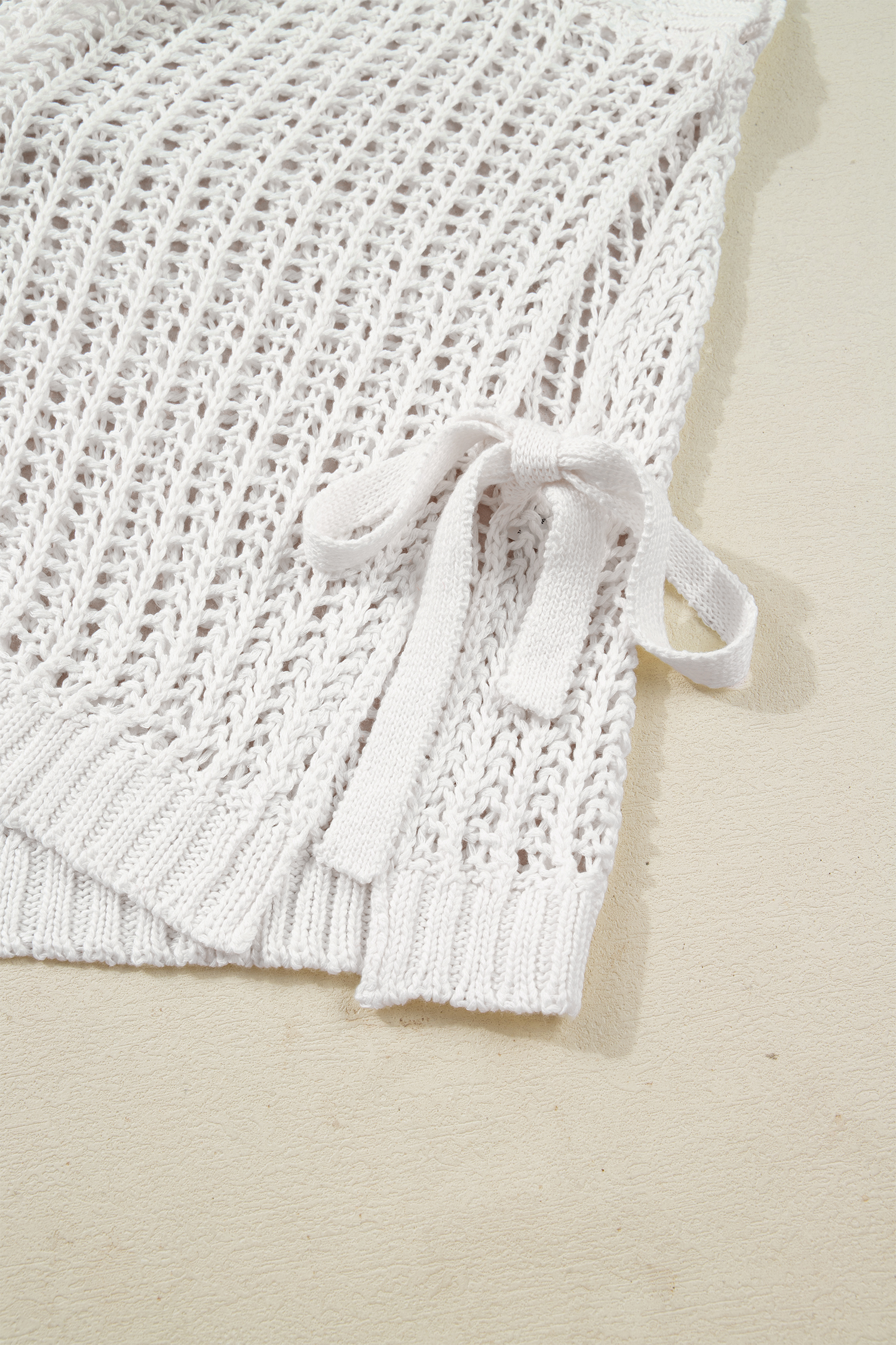 Plus Size White  Open Knit Bow Tie Short Sleeve Sweater