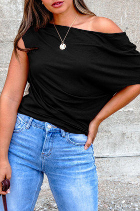Plus Size Black  Solid Color Asymmetric Neck Short Sleeve Blouse