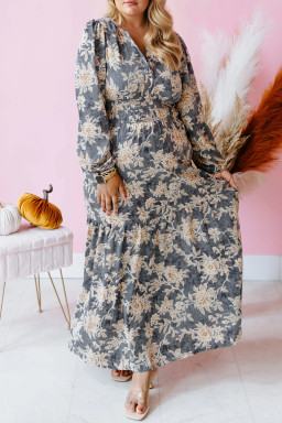 Plus Size Sky Blue  Floral Print Split Neck Shirred High Waist Long Sleeve Maxi Dress