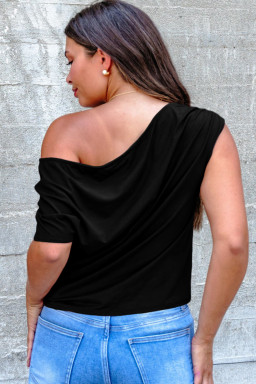 Plus Size Black  Solid Color Asymmetric Neck Short Sleeve Blouse