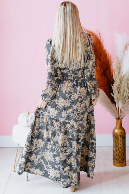 Plus Size Sky Blue  Floral Print Split Neck Shirred High Waist Long Sleeve Maxi Dress