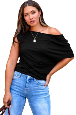 Plus Size Black  Solid Color Asymmetric Neck Short Sleeve Blouse