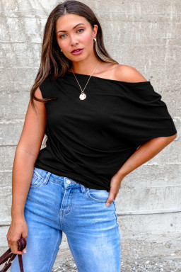 Plus Size Black  Solid Color Asymmetric Neck Short Sleeve Blouse