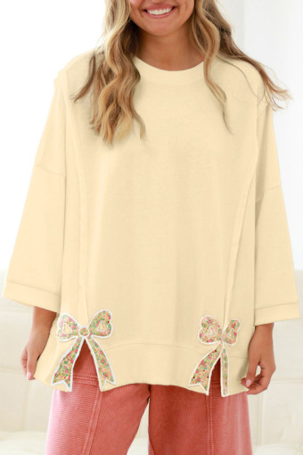 Plus Size Beige  Raw Seam Detail Floral Bow Patched Baggy Pullover