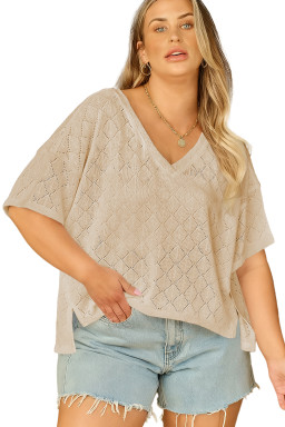 Plus Size Golden Fleece Pointelle Rhombus Knit  V Neck Loose Top