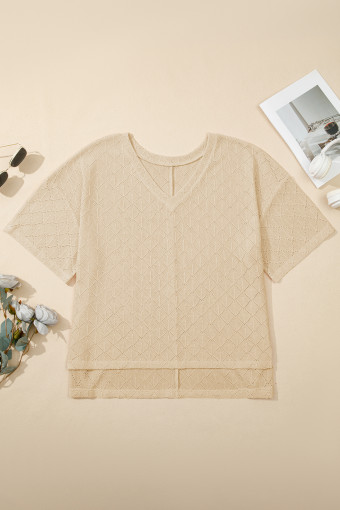 Plus Size Golden Fleece Pointelle Rhombus Knit  V Neck Loose Top