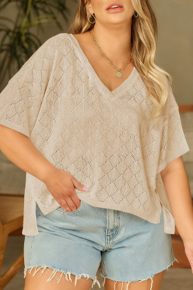 Plus Size Golden Fleece Pointelle Rhombus Knit  V Neck Loose Top