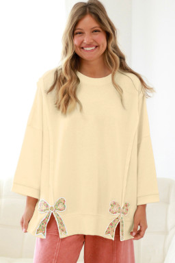 Plus Size Beige  Raw Seam Detail Floral Bow Patched Baggy Pullover