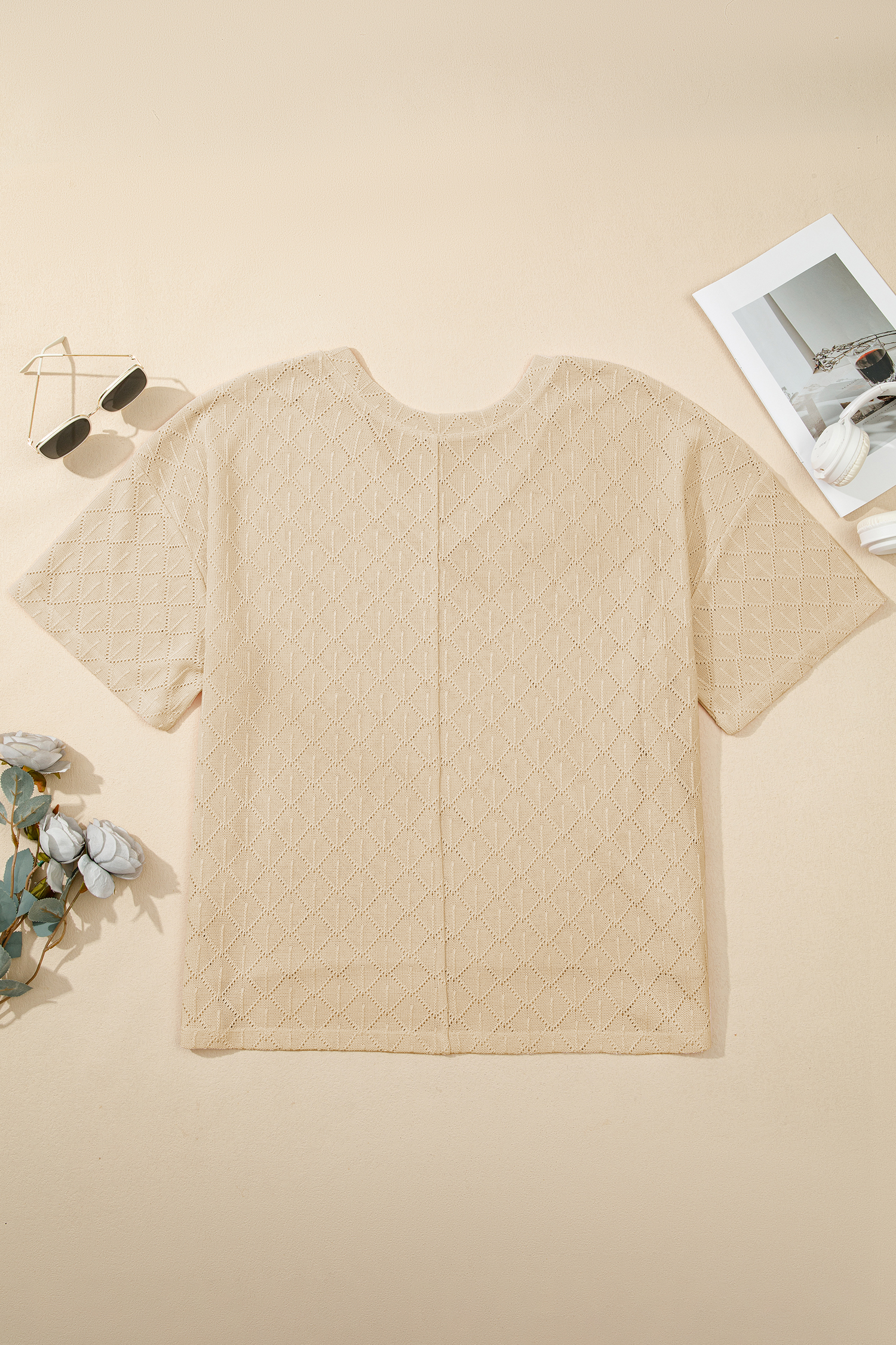 Plus Size Golden Fleece Pointelle Rhombus Knit  V Neck Loose Top