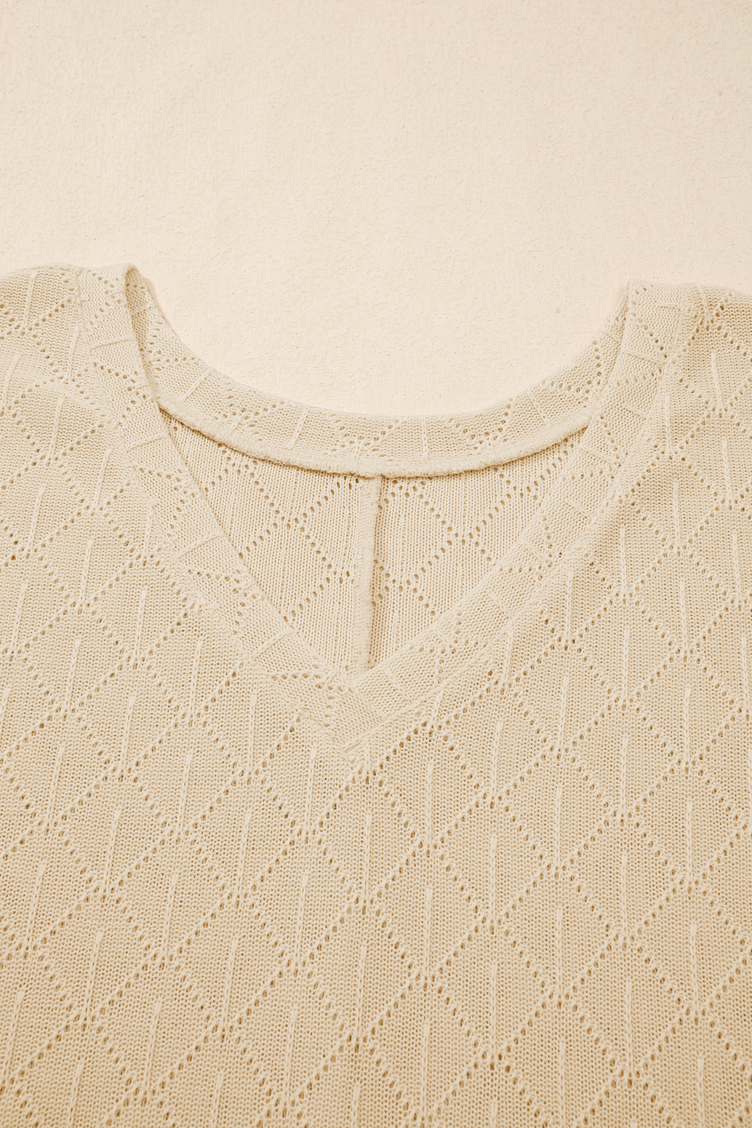 Plus Size Golden Fleece Pointelle Rhombus Knit  V Neck Loose Top