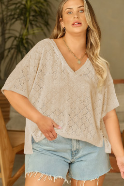 Plus Size Golden Fleece Pointelle Rhombus Knit  V Neck Loose Top