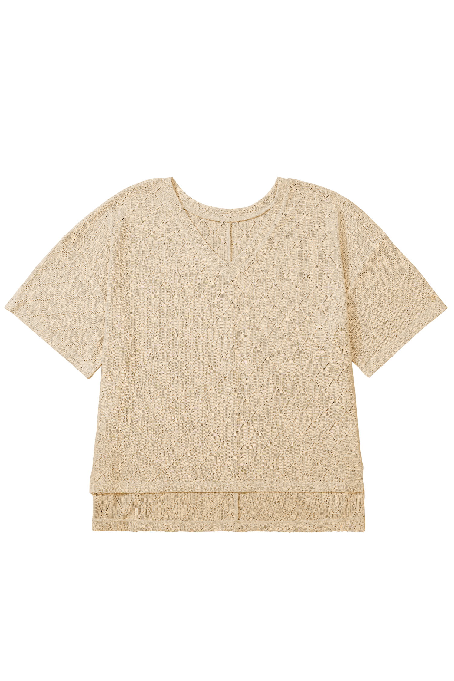 Plus Size Golden Fleece Pointelle Rhombus Knit  V Neck Loose Top