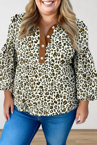 Plus Size Khaki  Buttoned Contrast Trim Puff Sleeve Leopard Print Blouse